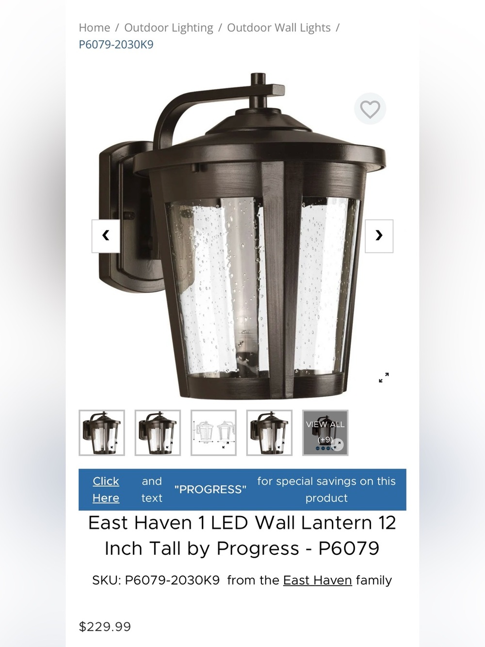 NIB Progress Lighting East Haven 1-LED Outdoor Wall Lantern in Antique Bronze